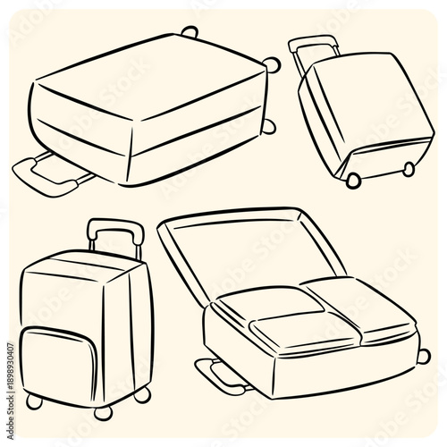Set of travel suitcases and luggage bags sketches in different positions