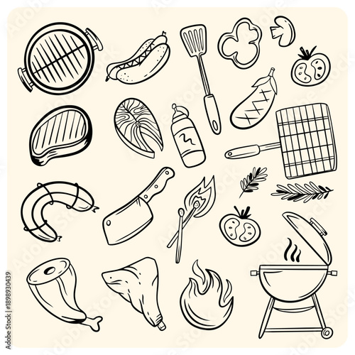 Summer BBQ and Grill Party Elements Circular Doodle
