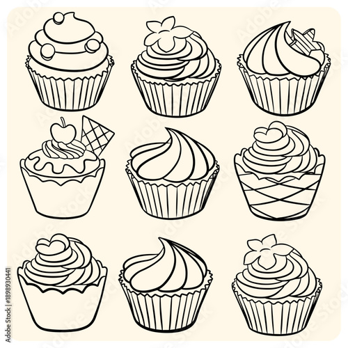 Sweet Cupcakes and Muffins Collection Line Art