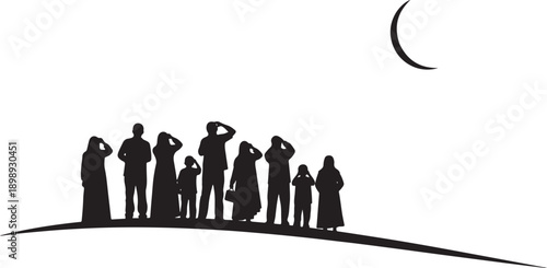 Silhouette of people looking up at the crescent moon on a hilltop, a moment of reflection and anticipation.