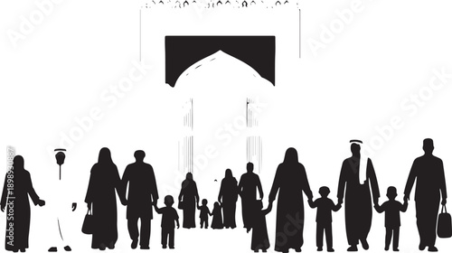 Silhouette of an Arab family walking towards a mosque entrance, symbolizing community and faith.