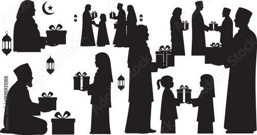 Collection of silhouettes of Muslim individuals and families giving and receiving gifts, celebrating generosity and Eid.