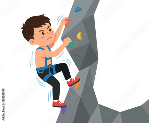 A young boy wearing a harness climbing a rock wall with colorful holds