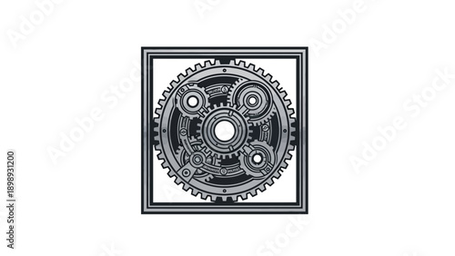 An industrial old metal safe door features a round silver combination lock mechanism with chrome gears and steel machinery parts resembling a precision clock or watch