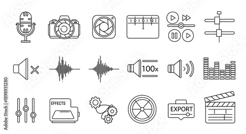 Modern Geometric Outline Icons for Media Production and Audio Video Settings. transparent.