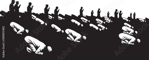Large group of Muslim men and women in silhouette performing Salat (prayer) in unison on prayer mats, a powerful display of communal worship.
