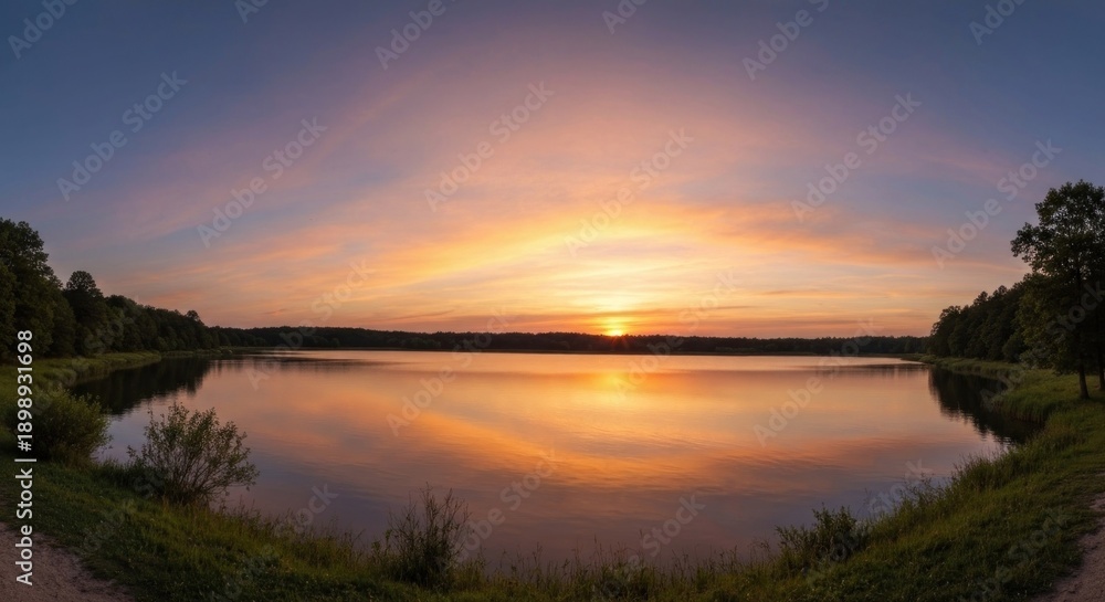Obraz premium Panoramic serene lake at sunset, reflecting vibrant orange and pink hues, trees frame the water