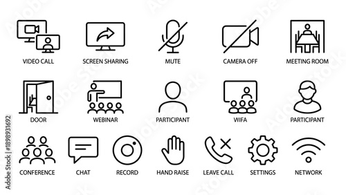Professional video conferencing and online meeting line icon set featuring screen sharing, mute, camera off, webinar, participant, conference, chat, hand raise, settings, and network icons.