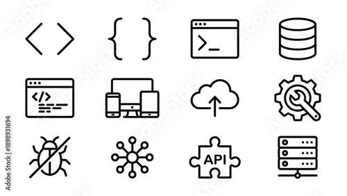 Set of 12 minimalist coding and web development line icons featuring programming symbols, database, cloud, API, server, responsive design, and debugging tools for software engineering projects.