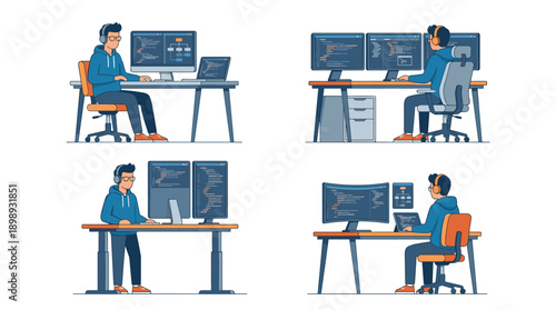 Vector Set of Four Illustrations Showing a Male Software Developer Coding on Multiple Monitors at a Modern Workspace, Programmer Working with Code on Screens in a Clean Flat Minimalist Style