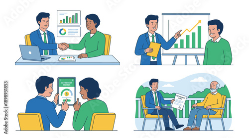 Professional financial advisor consulting with clients in a set of four vector illustrations featuring retirement planning, investment growth analysis, savings goals, and wealth management.