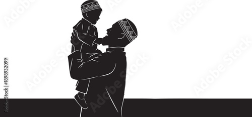 Silhouette of father holding his young son up in the air, both wearing kufi caps, celebrating family and cultural traditions.