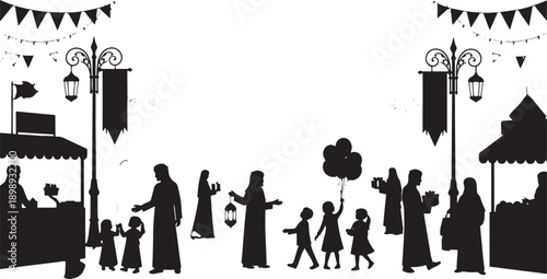 Busy marketplace scene with stalls and people in silhouette during an Islamic festival, showing shopping, socializing, and festive decorations like flags and lanterns.
