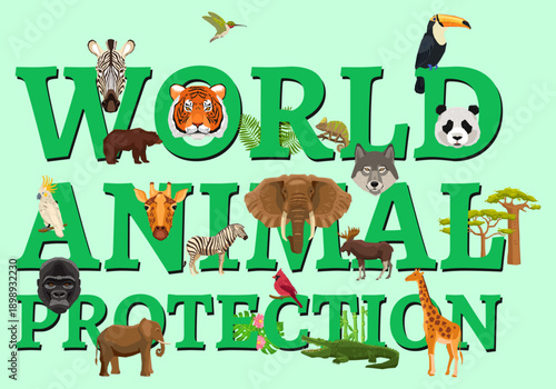World Animal Protection: A vibrant illustration promoting the critical cause of wildlife preservation, with the words World Animal Protection prominently displayed.