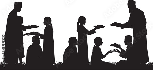 Generosity and charity in Islam: Muslims giving and receiving food or donations on grassy ground, illustrating Zakat and community support, black silhouette.