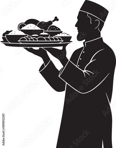 Silhouette of a man in traditional Islamic attire holding a large platter of diverse food dishes, ready to serve a feast, symbolizing hospitality and generosity.