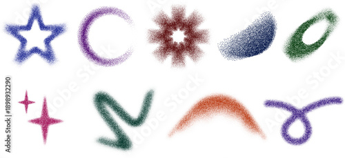 Pointillism spray vector set of colorful celestial shapes and abstract marks in stippled halftone texture for poster branding