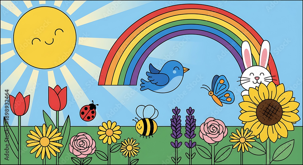 Fototapeta premium A cheerful cartoon illustration of a vibrant spring garden scene with a smiling sun, rainbow, various flowers, and cute animals like a bird, bee, ladybug, butterfly, and rabbit.