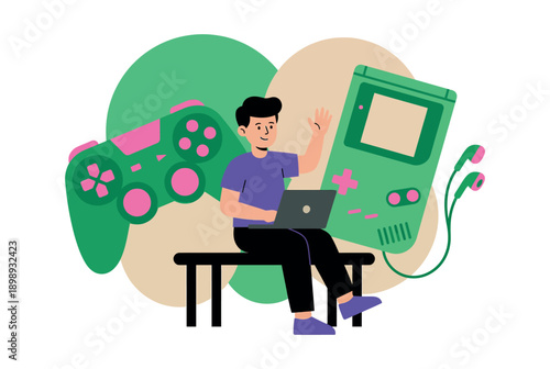 A young man sitting on a bench with a laptop and surrounded by gaming devices.