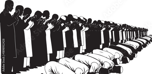 Large group of Muslim men praying together in rows, bowing and prostrating in unison, demonstrating faith and communal worship, black silhouette on white background.