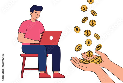 A cartoon man sitting on a chair with a laptop and hands receiving money