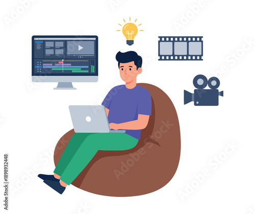 A cartoon man sitting on a bean bag chair working on a laptop with video editing software on the screen