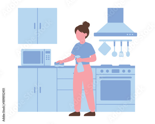 A woman cleaning a modern kitchen with a blue theme