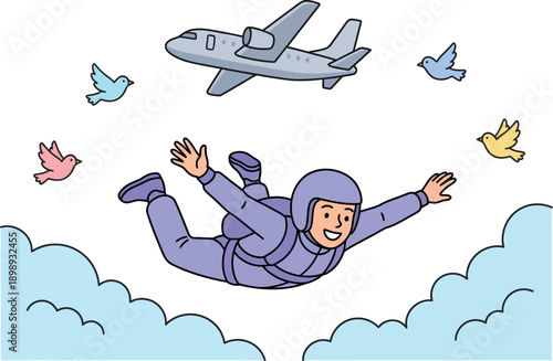 A cartoon illustration of a smiling man skydiving through fluffy clouds with birds and an airplane in the background.