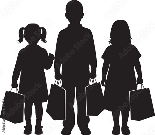 Three children in silhouette, carrying shopping bags, ready for a shopping spree, suggesting consumerism, excitement, and childhood fun on a white background.