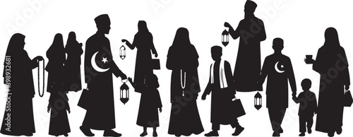 Diverse group of Muslim people in traditional clothing walking with lanterns and prayer beads, celebrating during Ramadan or Eid, black silhouette on white background.