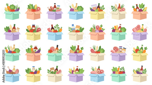 Vector Icon Set of Meal Kit Ingredients Boxes in Flat Design with Pastel Color Palette. Grid Layout of Unique Food Subscription Boxes with Fresh Vegetables, Meat, and Condiments for Cooking.