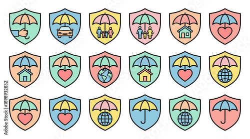Insurance icon set featuring protective shields and umbrellas over symbols for home, car, family, health, and travel. Flat vector design in pastel colors for business and financial services.