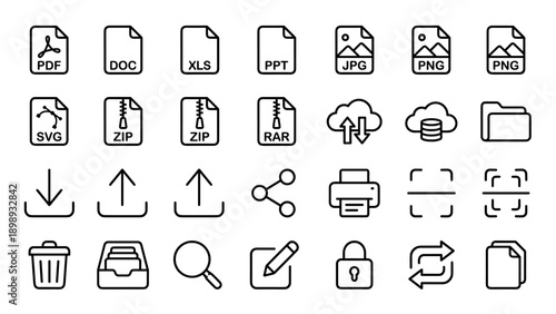 Set of 24 minimalist vector line icons for document management and file formats featuring PDF, DOC, XLS, PPT, JPG, PNG, SVG, ZIP, RAR, cloud storage, upload, download, share, print, and edit tools.