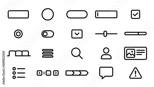 Set of 20 Minimalist Vector Line Icons for Website UI/UX Wireframe Design, Featuring Buttons, Sliders, Toggles, Dropdowns, Search, User Profiles, Navigation Menus, and Interactive Interface Elements.