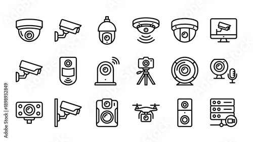 Comprehensive collection of 18 security and surveillance camera line icons including CCTV, dome, bullet, and smart home cameras, drones, and monitoring systems in a clean minimalist vector style.