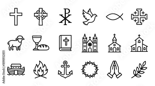 Comprehensive Set of 18 Christian Church and Religious Symbol Line Icons Including Crosses, Bible, Cathedral, Dove, Ichthys Fish, Eucharist, Praying Hands, Crown of Thorns, and Noah's Ark.
