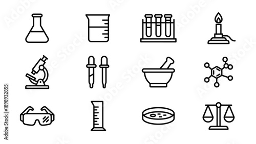 Minimalist set of 12 science laboratory and chemistry line icons in a clean vector style. Features microscope, Erlenmeyer flask, beaker, test tubes, Bunsen burner, molecule, and safety goggles.