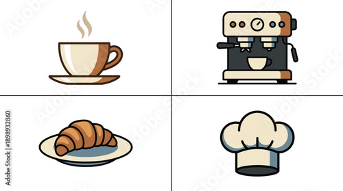 Set of four flat vector illustrations for a cafe or coffee shop featuring a steaming hot coffee cup, a professional espresso machine, a fresh buttery croissant on a plate, and a classic chef hat.
