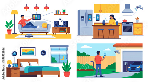 Flat Vector Illustration Set of Smart Home Technology Scenes Showing Central Hub Control for Lighting, Security Cameras, Kitchen Appliances, Bedroom Automation, and Garden Irrigation Systems.