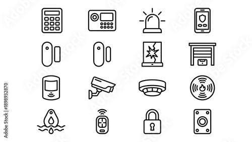 Vector set of home security alarm system and smart sensor line icons in a minimalistic style. Features keypad, siren, motion detector, CCTV camera, smoke alarm, door sensor, and padlock icon.