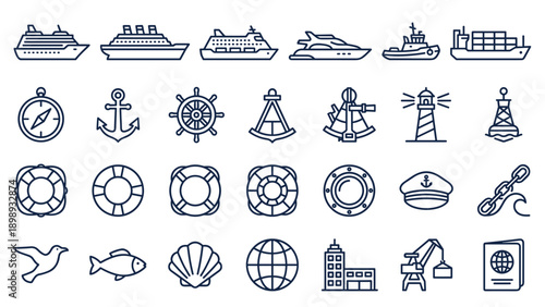 Vector Set of Cruise Ship and Maritime Line Icons in Minimalist Style Featuring Nautical Navigation Tools, Anchors, Lighthouses, Lifebuoys, Vessels, and Marine Life on a Clean White Background