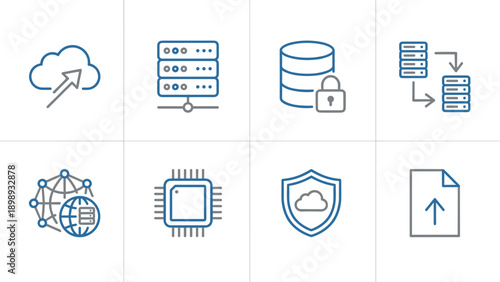 Comprehensive Set of Minimalistic Cloud Computing and Server Data Line Icons Featuring Network Storage, Database Security, Global Connectivity, Processor Chip, and File Upload Symbols