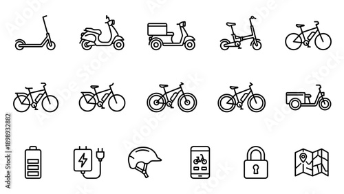 Minimalist Vector Line Icon Set for Electric Mobility and Urban Transportation Featuring E-Scooters, Electric Bikes, Delivery Mopeds, Battery, Charger, Helmet, Mobile App, Lock, and Map Icons