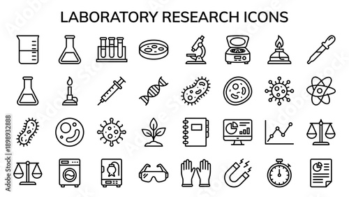 Comprehensive Collection of Laboratory Research Line Icons. Minimalistic Vector Symbols for Science, Biology, Chemistry, Medical Equipment, Biotech, Healthcare, and Scientific Experiments.