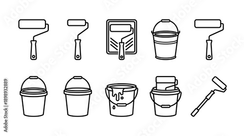 Set of Minimalist Paint Roller and Bucket Line Icons for Home Renovation and DIY Projects; Professional Painting Tools Collection Including Trays and Pails on a Clean White Background