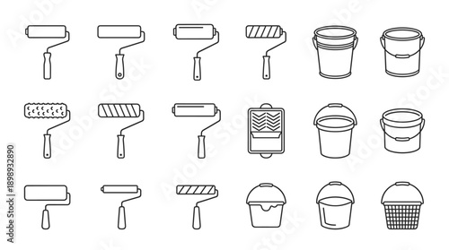 Minimalist Vector Set of Painting Roller and Bucket Line Icons. Collection of Unique Painting Tools including Various Rollers, Buckets, and Trays for Home Renovation, DIY, and Interior Decorating.