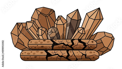 Cluster of crystals and rocks arranged on a rocky surface, an illustration from a top viewpoint