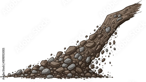 Rocks and stones cascading down a rocky slope, viewed from the side, in a dynamic illustration