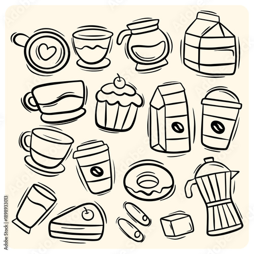 Coffee Shop and Bakery Doodle Set with Cups, Donuts and Coffee Maker