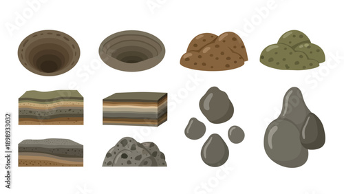 Geological formations and rock structures illustrated in various stages and types from different viewpoints and environments